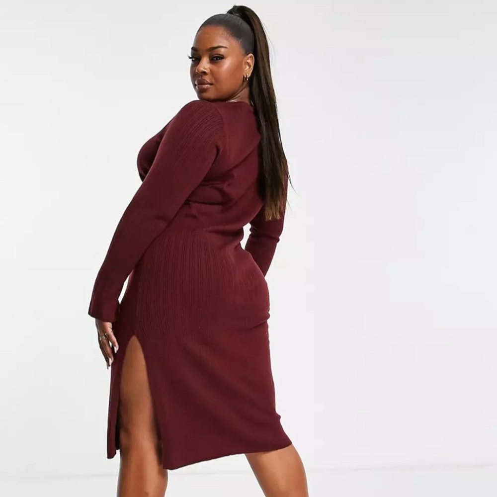 ASOS Design Curve Ribbed Burgundy Dress